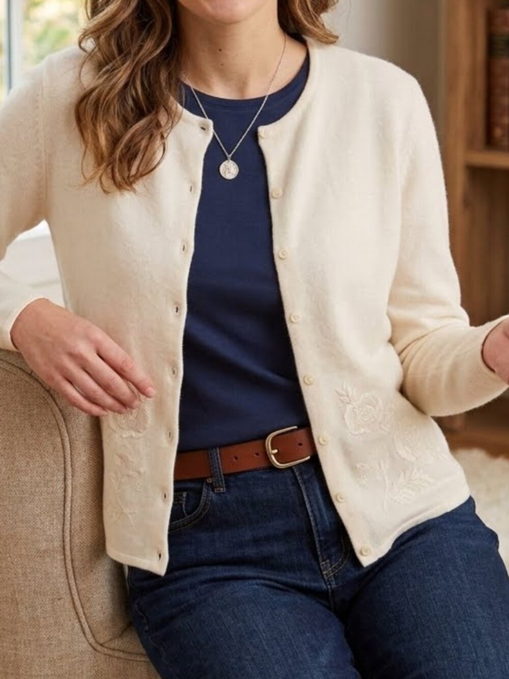 Magdalena Women's Vintage Cream Knit Cardigan Sweater Embroidery Button Down